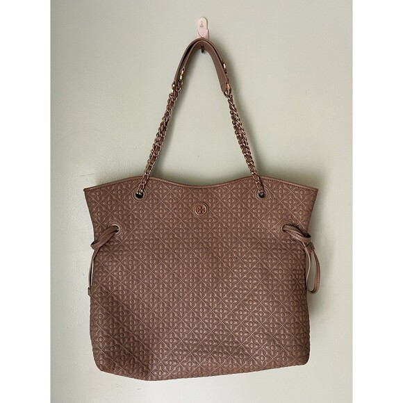 Tory Burch Marion Quilted Chains Large Tote Bag Taupe - Picture 1 of 10